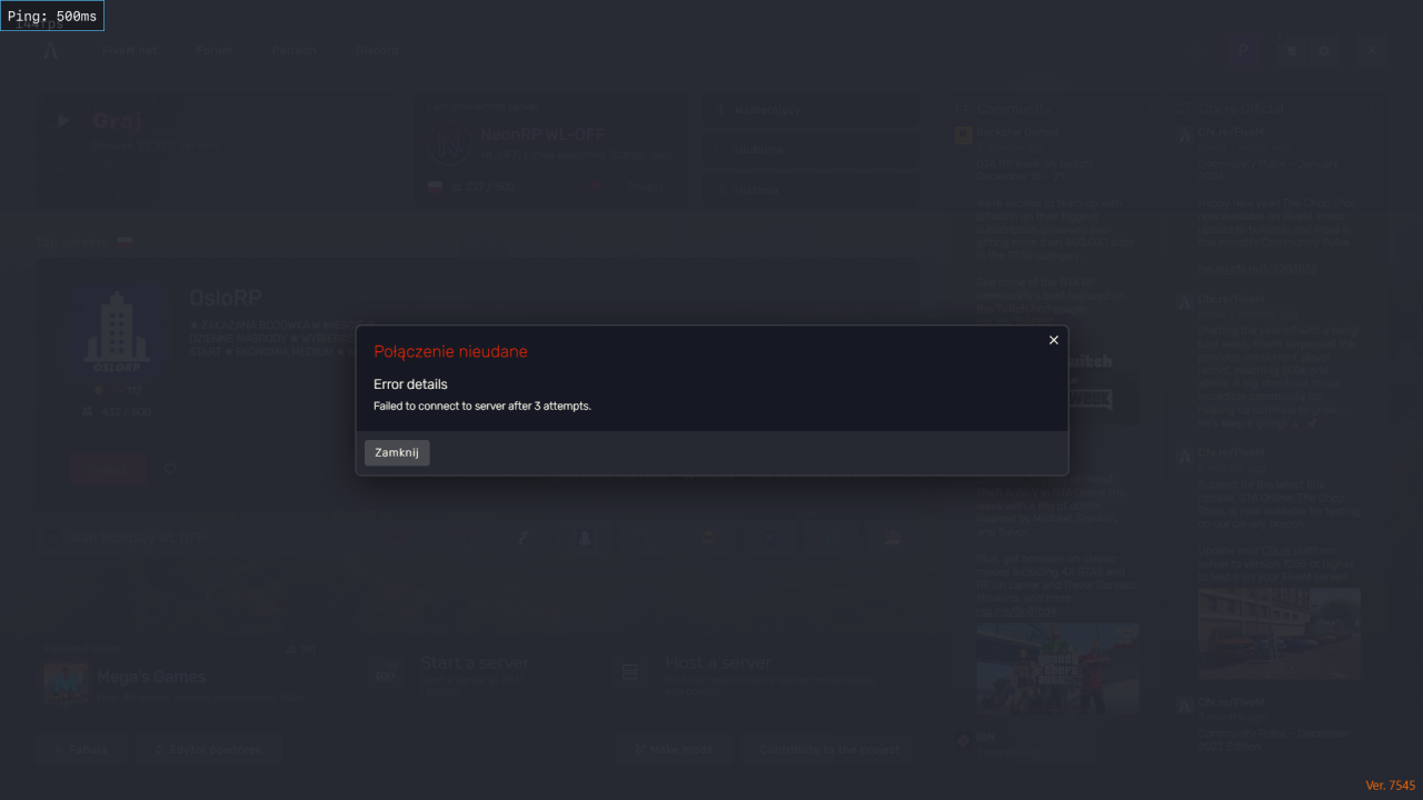 Problem Fivem (connect failed after 3 attempts) - Pomoc i tworzenie ...